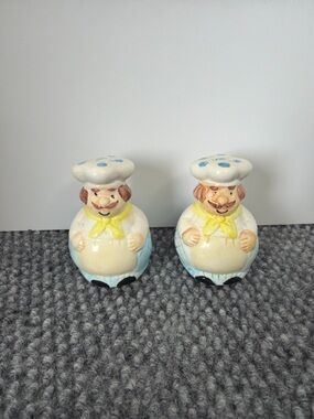 Vintage Chef Salt & Pepper Shakers Ceramic Mustache Cook Blue White Japan Style